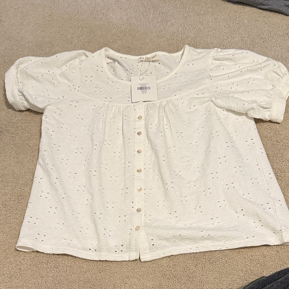 DownEast Cream Eyelet Button-Up Blouse